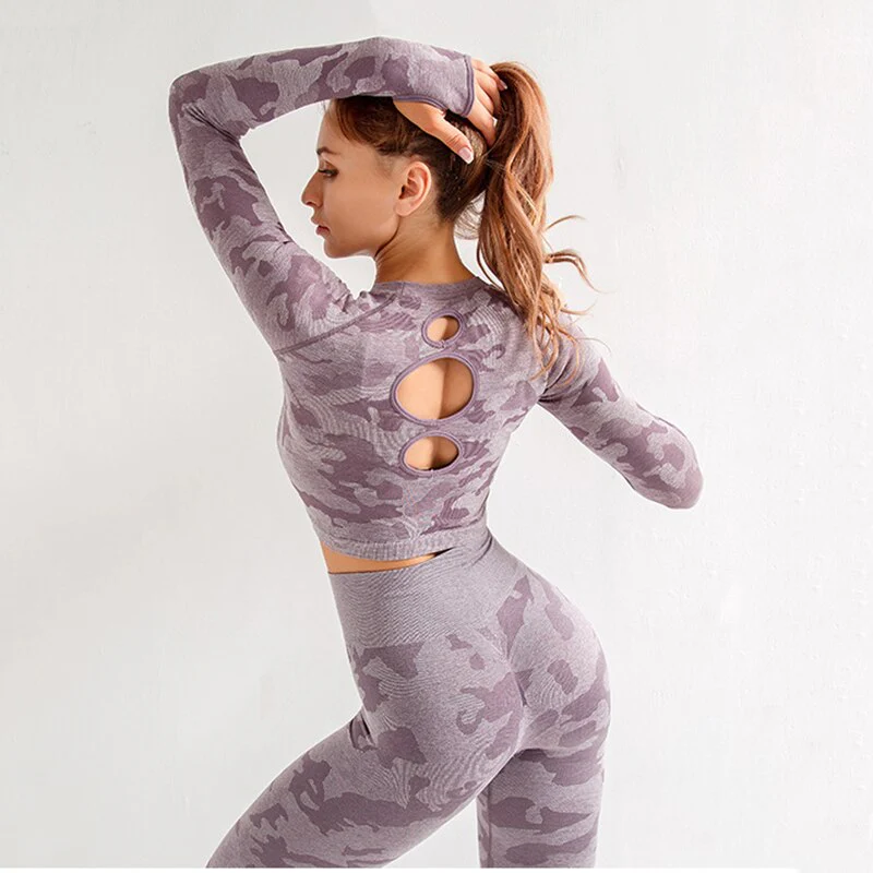 RUUHEE Women Yoga Set Camouflage Seamless Long Sleeve High Waist Leggings and Bra Workout Sportwears 2 Piece  Gym Suit Female - Image 7