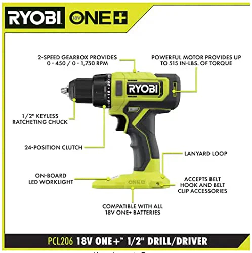RYOBI ONE+ 18V Cordless 1/2 in. Drill/Driver (Tool Only) PCL206B Black Green - Image 9