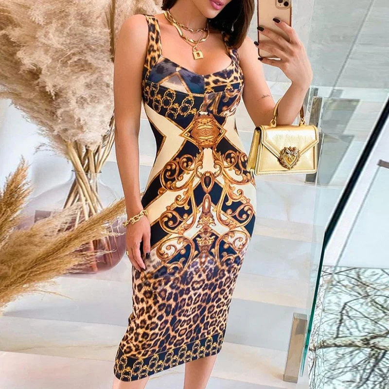 S-XL Summer Woman Sexy Fashion Sleeveless Cheetah Scarf Print Colorblock Midi Dress Yellow Leopard Tank Tight Party Dress Club - Image 2