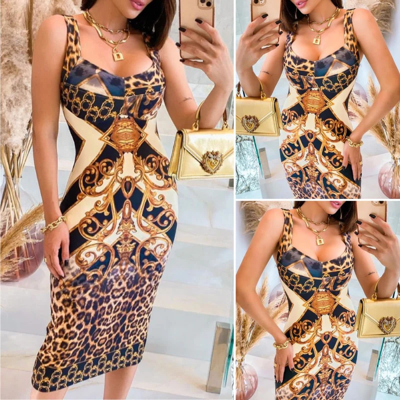 S-XL Summer Woman Sexy Fashion Sleeveless Cheetah Scarf Print Colorblock Midi Dress Yellow Leopard Tank Tight Party Dress Club - Image 4