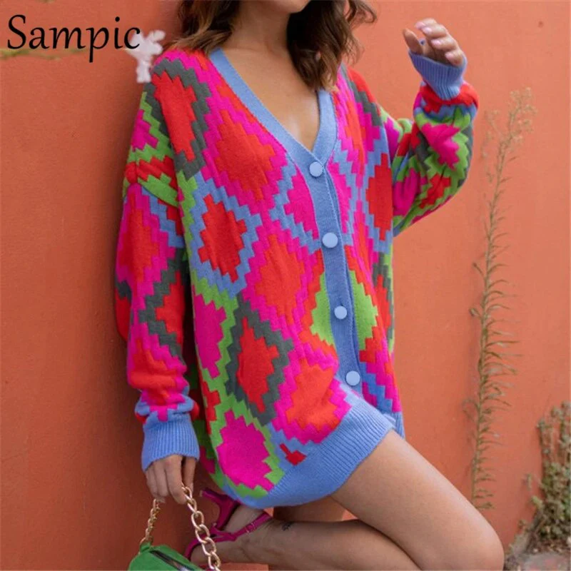 Sampic Winter Women Basic V Neck Oversized Knitwear Argyle Cardigans Green 2021 Autumn Fashion Y2K Knitted Sweater Cardigans - Image 2