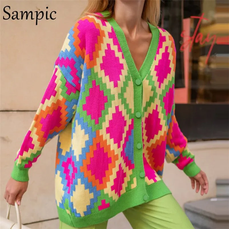 Sampic Winter Women Basic V Neck Oversized Knitwear Argyle Cardigans Green 2021 Autumn Fashion Y2K Knitted Sweater Cardigans - Image 3