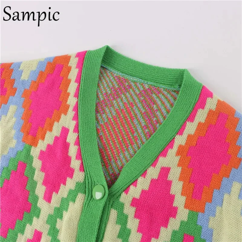 Sampic Winter Women Basic V Neck Oversized Knitwear Argyle Cardigans Green 2021 Autumn Fashion Y2K Knitted Sweater Cardigans - Image 6