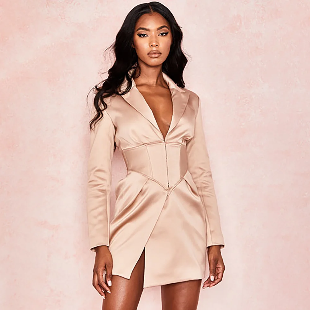 Satin Corset Dress 2023 Spring Women Long Sleeve Notched Bodycon Party Elegant Office Lady Mini Hook Bustier Dress - Image 2