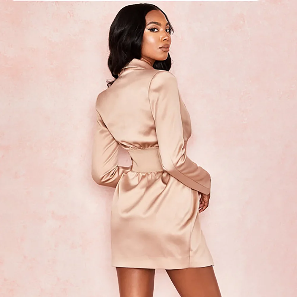 Satin Corset Dress 2023 Spring Women Long Sleeve Notched Bodycon Party Elegant Office Lady Mini Hook Bustier Dress - Image 3