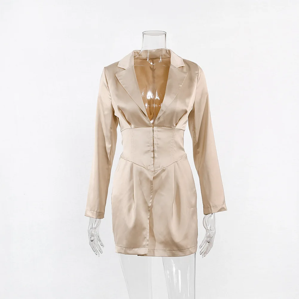 Satin Corset Dress 2023 Spring Women Long Sleeve Notched Bodycon Party Elegant Office Lady Mini Hook Bustier Dress - Image 5