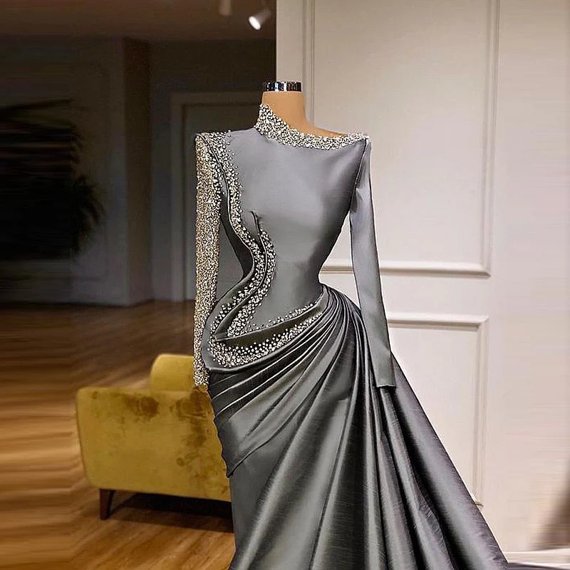 SauDi Arabic Long Sleeves Evening Dresses Major eading Pearsl Sequins Satin Prom Dress vestidos de fiesta Formal Party Gowns - Image 4