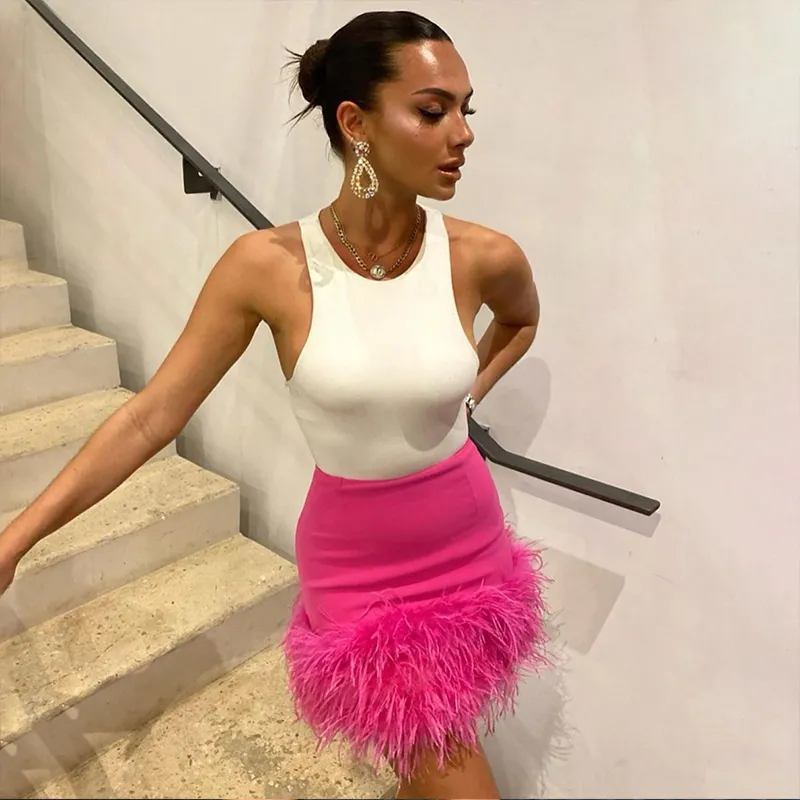 Schintoch New Women Solid Color High Waist Bodycon Pencil Skirt Ladies Sexy Elegant Skirt Feather Trim Mini Skirts - Image 2