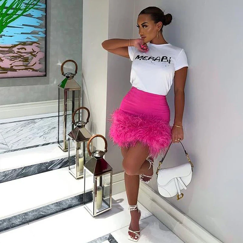 Schintoch New Women Solid Color High Waist Bodycon Pencil Skirt Ladies Sexy Elegant Skirt Feather Trim Mini Skirts - Image 6