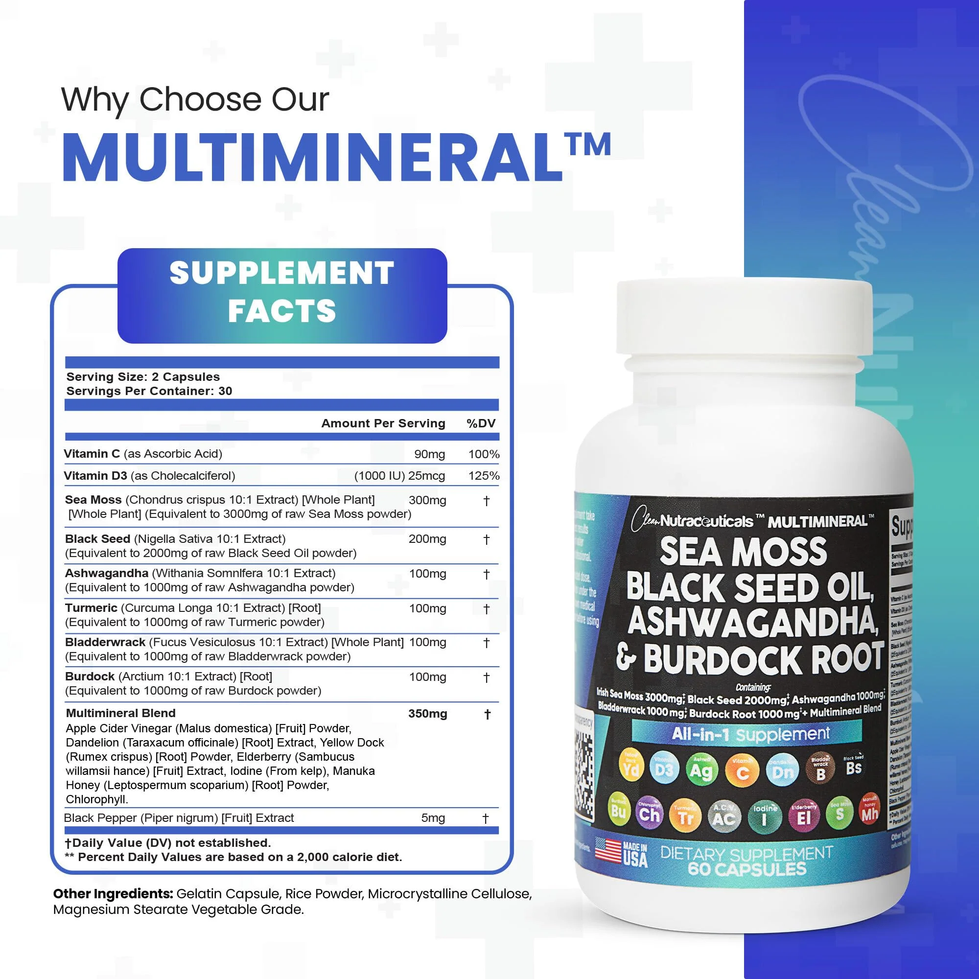 Sea Moss 3000mg Black Seed Oil 2000mg Ashwagandha 1000mg Turmeric 1000mg Bladderwrack 1000mg Burdock 1000mg & Vitamin C & D3 with Elderberry Manuka Dandelion Yellow Dock Iodine Chlorophyll ACV - Image 8