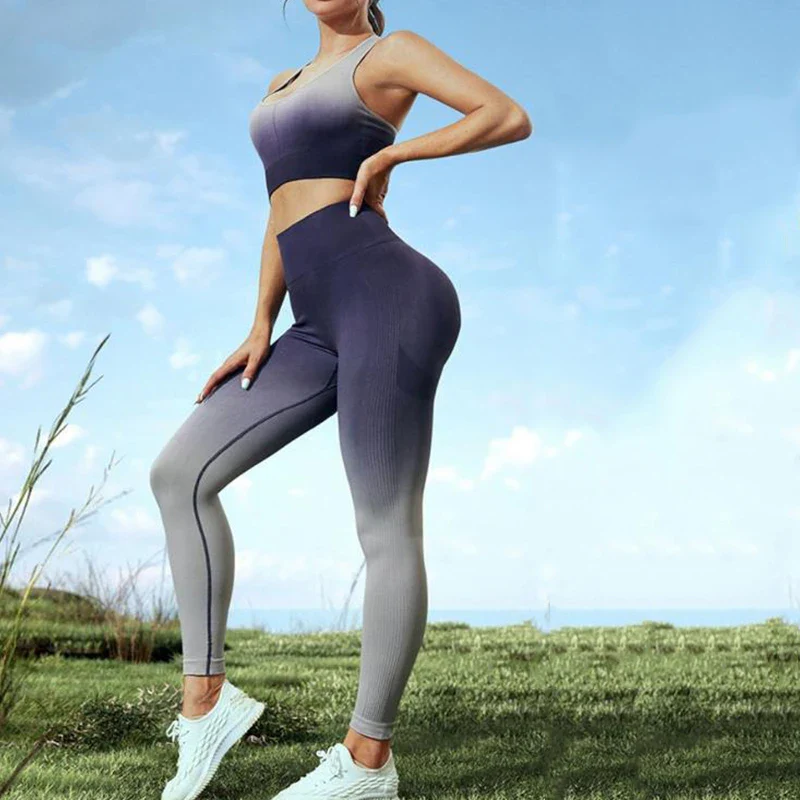 Seamless Yoga Fitness Set Women Gym Trainning Suit Backless Sling High Waist Butt Lift Leggings Knitting Elastic Sportswear