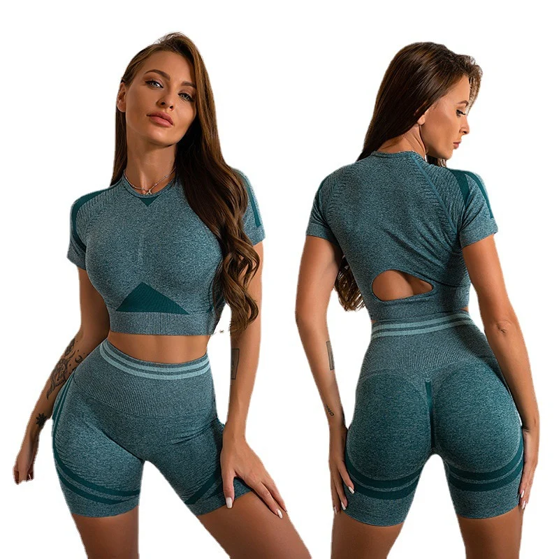 Seamless Yoga Sets Sports Fitness Peach Hip-lifting Shorts Beauty Back Short-Sleeved Suits Workout Gym Leggings Set for Women - Image 13