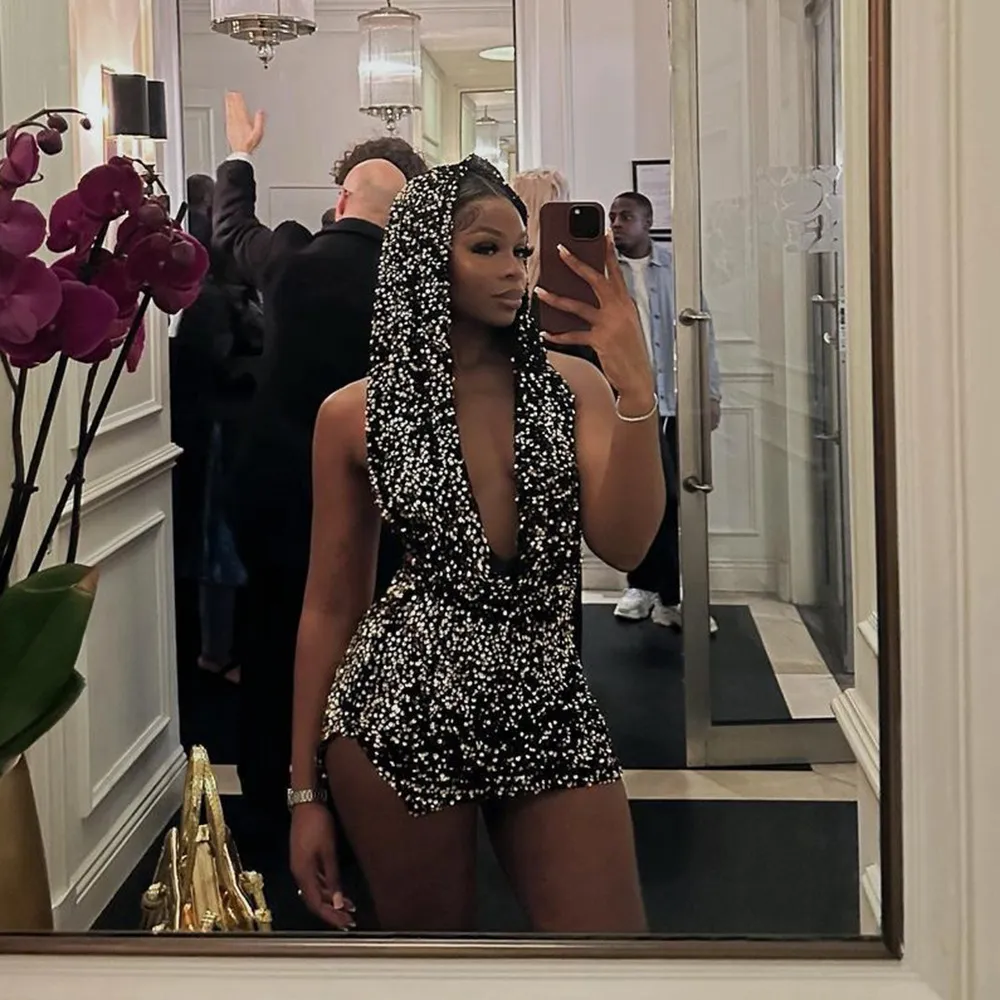 Sequin Mini Black Dress Sexy Club Party Bodycon Fashion Evening Dresses Women 2023 Summer Clothing Elegant Luxury Hoodie Dresses - Image 2