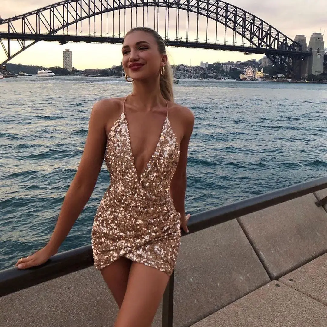 Sequins Mini Cocktail NYE Dresses 2022 Lady New Year Formal Event Party Gowns Spaghetti Plunging V-Neck Sexy Club Night Wear - Image 5