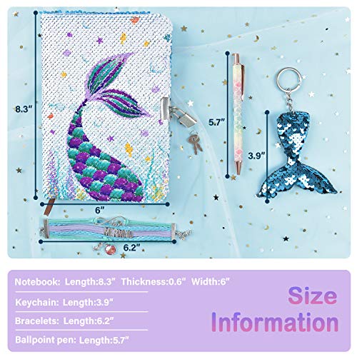 Sequins Notebook Set - Sparkly Mermaid Gift for Girls Kids Christmas Birthday Notebooks Journal Diary with Lock School Travel A5 Lined Memos Writing Drawing Notepad Ballpoint Pen Bracelet Key-chain - Image 2