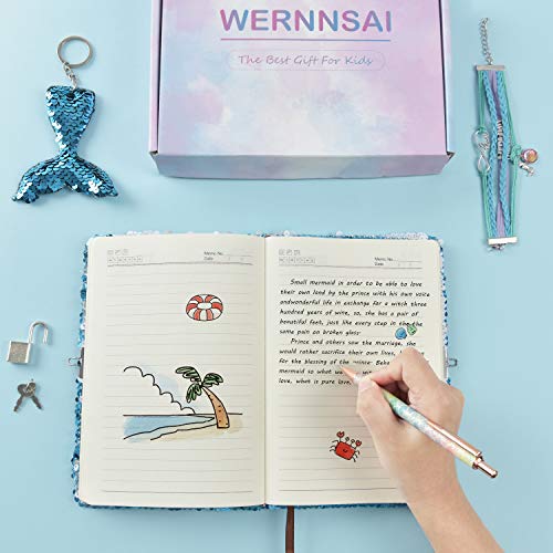Sequins Notebook Set - Sparkly Mermaid Gift for Girls Kids Christmas Birthday Notebooks Journal Diary with Lock School Travel A5 Lined Memos Writing Drawing Notepad Ballpoint Pen Bracelet Key-chain - Image 4