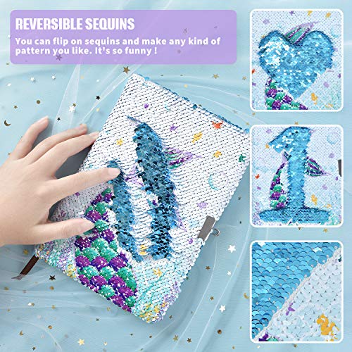 Sequins Notebook Set - Sparkly Mermaid Gift for Girls Kids Christmas Birthday Notebooks Journal Diary with Lock School Travel A5 Lined Memos Writing Drawing Notepad Ballpoint Pen Bracelet Key-chain - Image 6