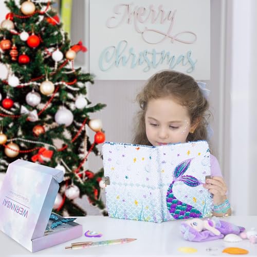 Sequins Notebook Set - Sparkly Mermaid Gift for Girls Kids Christmas Birthday Notebooks Journal Diary with Lock School Travel A5 Lined Memos Writing Drawing Notepad Ballpoint Pen Bracelet Key-chain - Image 7