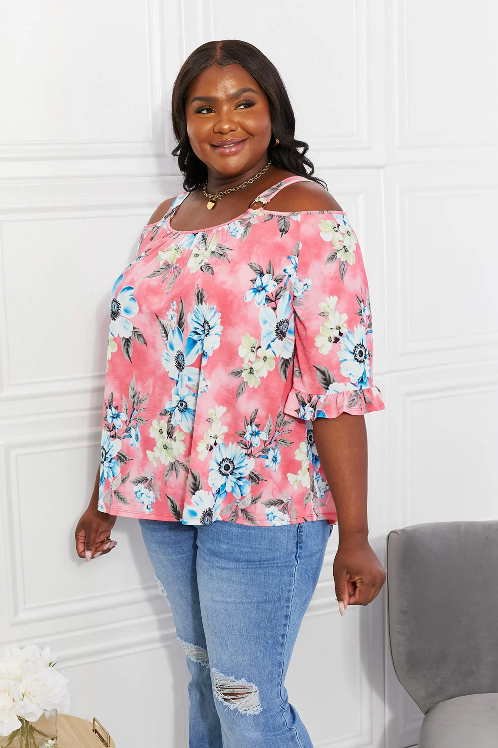 Sew In Love Full Size Fresh Take  Floral Cold-Shoulder Top - Image 3