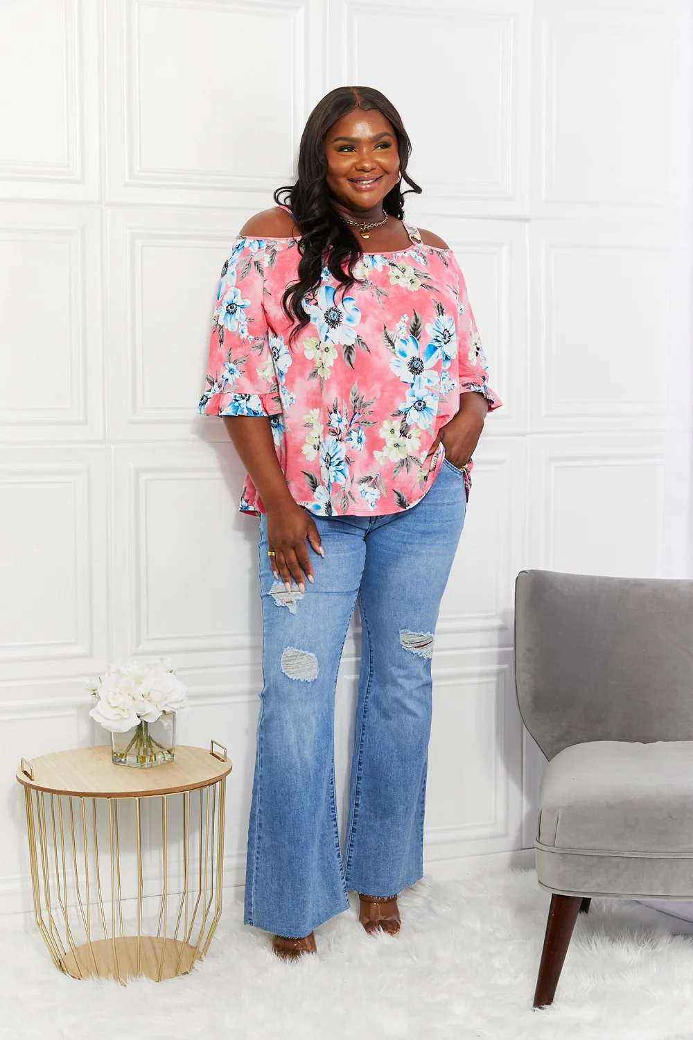 Sew In Love Full Size Fresh Take  Floral Cold-Shoulder Top - Image 4