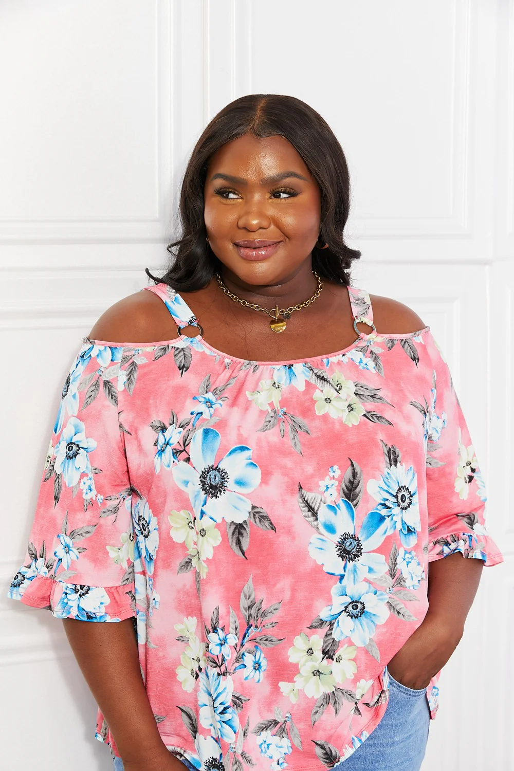 Sew In Love Full Size Fresh Take  Floral Cold-Shoulder Top - Image 5