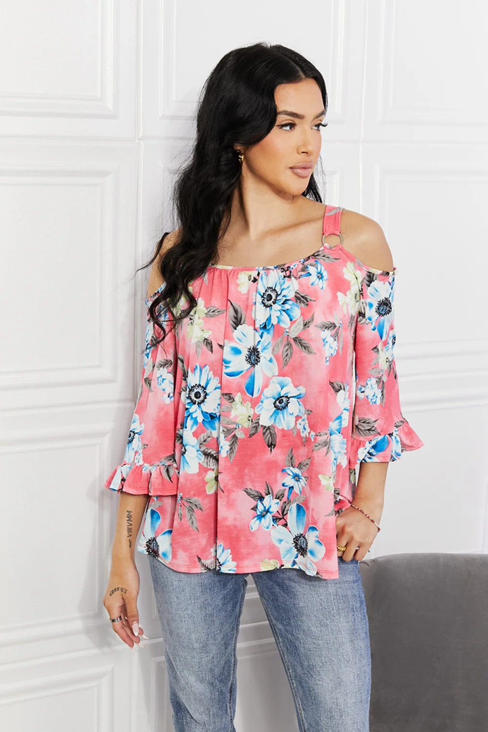 Sew In Love Full Size Fresh Take  Floral Cold-Shoulder Top - Image 6