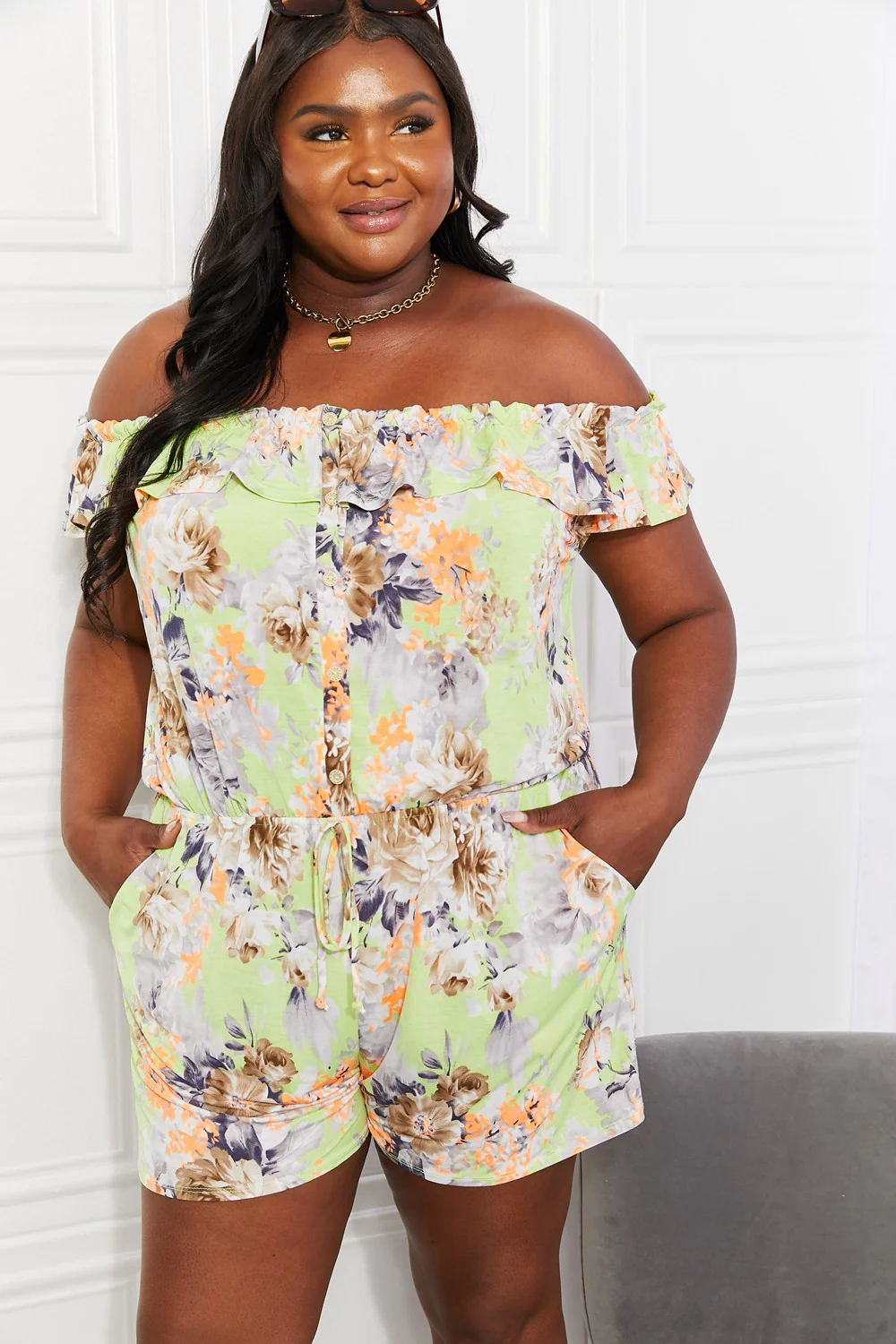 Sew In Love Full Size Pure Delight Floral Off-Shoulder Romper - Image 5