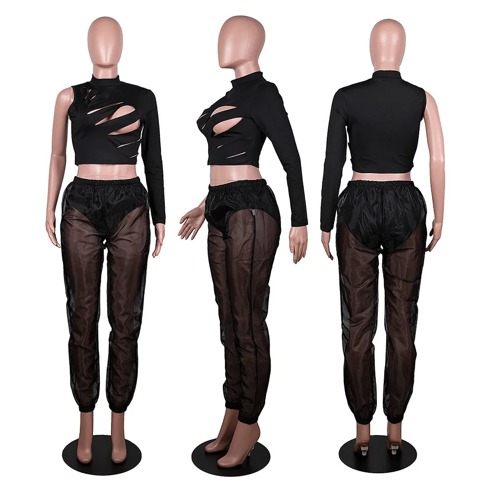 Sexy 2 Piece Sets Womens Outfits One Sleeve Hollow Out Crop Top Sheer Pants Festival Birthday Club Party Two Piece Women Set - Image 5