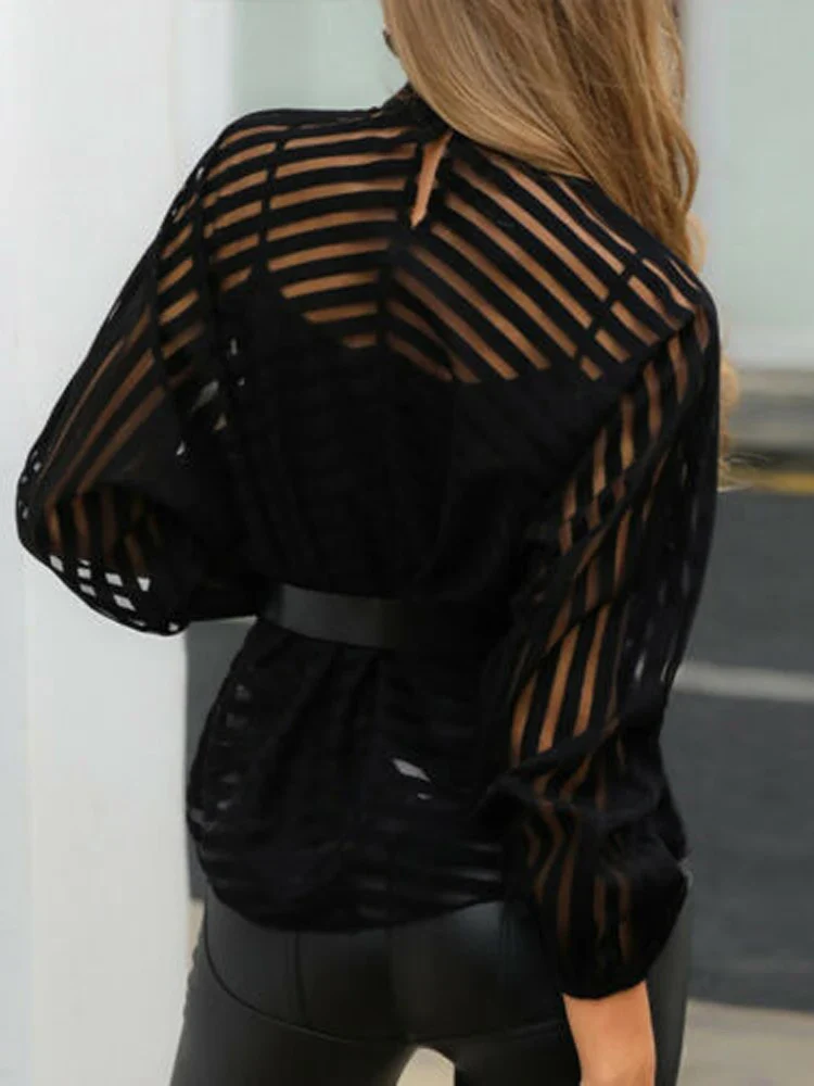Sexy Black Women Mesh Sheer Blouses Ladies Long Sleeve Striped Front Hollow Out Transparent Shirts Blusas Mujer Camisas - Image 3