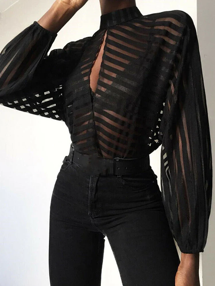 Sexy Black Women Mesh Sheer Blouses Ladies Long Sleeve Striped Front Hollow Out Transparent Shirts Blusas Mujer Camisas - Image 4