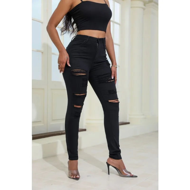 Sexy Bodycon Jeans Women Elastic Ripped Hole Black and White Denim Pants Ripped Washed High Waist Pencil Pants Jeans - Image 4