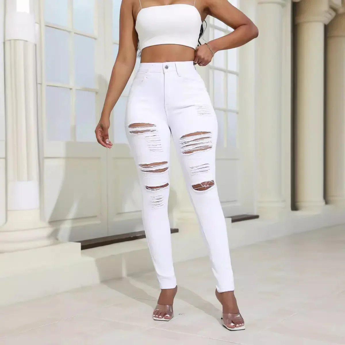 Sexy Bodycon Jeans Women Elastic Ripped Hole Black and White Denim Pants Ripped Washed High Waist Pencil Pants Jeans - Image 7