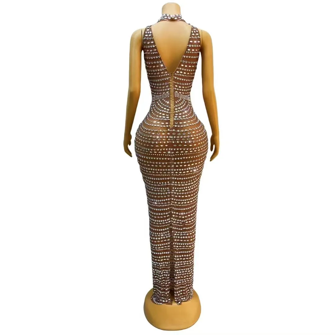 Sexy Brown Mesh Transparent Silver Rhinestones Crystals Dress Birthday Wedding Celebrate Outfit Prom Party Photo Shoot Gowns - Image 2