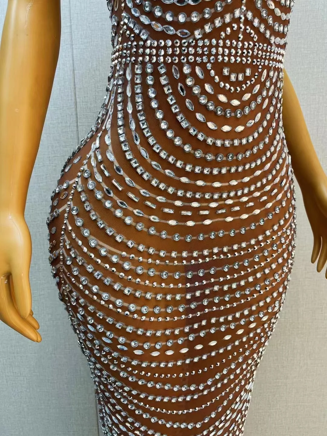 Sexy Brown Mesh Transparent Silver Rhinestones Crystals Dress Birthday Wedding Celebrate Outfit Prom Party Photo Shoot Gowns - Image 6