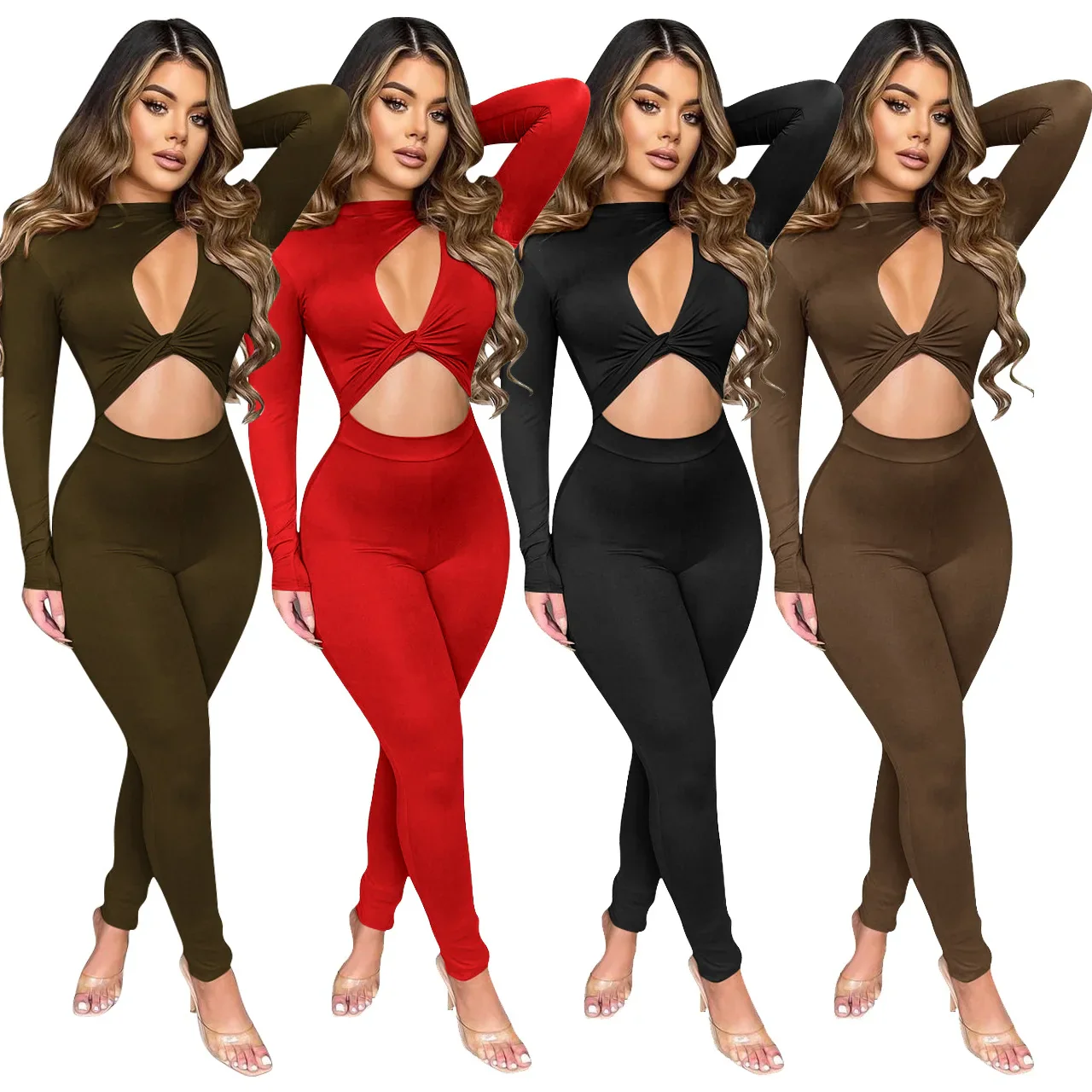 Sexy Cut Out Twist Rompers Womens Jumpsuit Casual Sport Fitness Hollow Out Long Sleeve Leggings Club Party Soft Women Overalls - Image 2