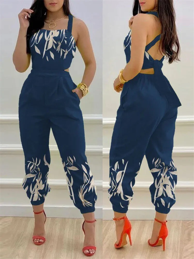 Sexy Cutout Jumpsuit Women's 2023 Summer New Fashion Blue Bra V-Neck Sleeveless Pocket Casual Jumpsuit Y2K Streetwear - Image 7