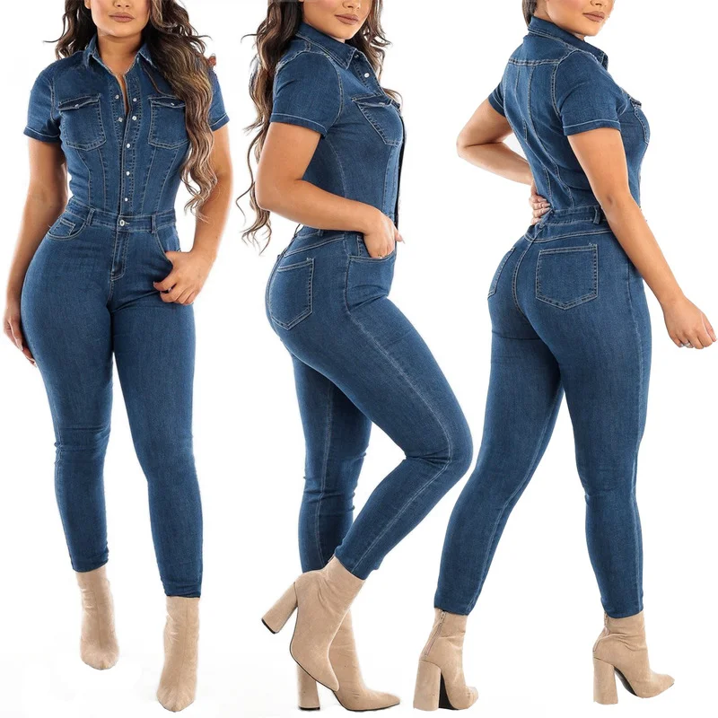 Sexy Denim Jumpsuit Single Buttons Summer Short Sleeve Women Rompers Pocket Bodycon Jeans Overalls Casual Fashion Club Playsuit - Image 5