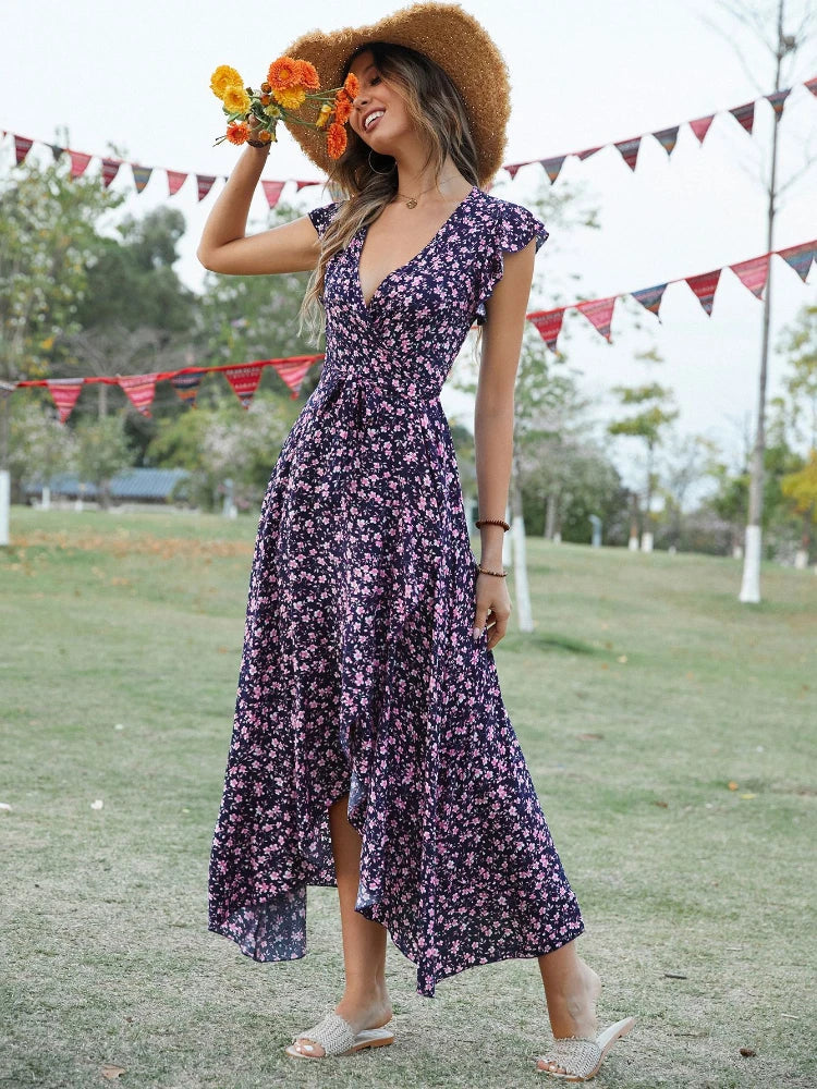 Sexy Elegant Floral Dress Summer Women Bohemian Holiday Long Dresses Green Irregular Casual Loose Bandage Sundress - Image 5