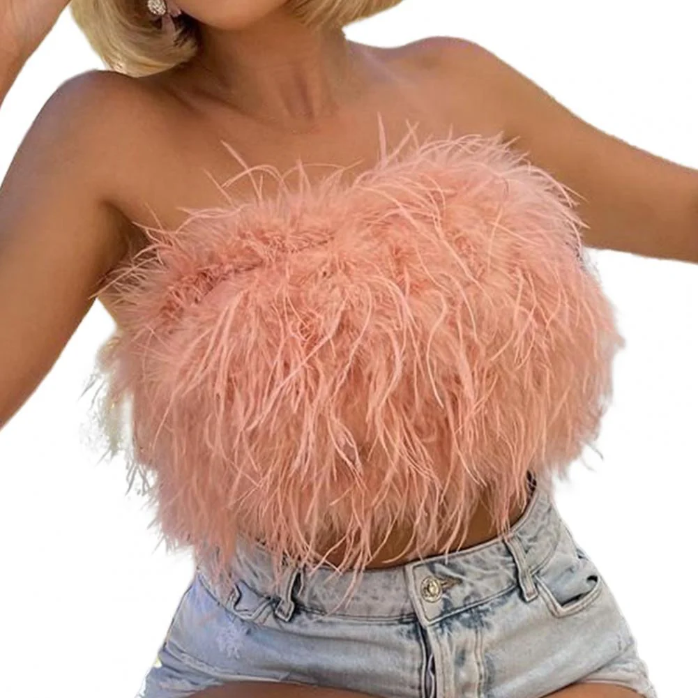 Sexy Feather Strapless Tank Tops Women Summer Party Club Sleevelss Fluffy Fashion Tops Female 2022 - Image 4
