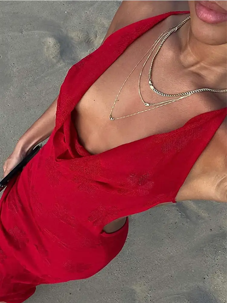 Sexy Hanging Neck Hollow Out Red Maxi Dress Sexy Off Shoulder Backless Slim Dresses 2024 Summer Street Nightclub Partywears - Image 4