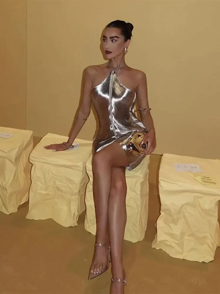 Sexy Hanging Neck Metallic Dress Woman Fashion Sparkling Off Shoulder Backless Dresses 2024 Female Elegant Evening Party Robe - Image 4