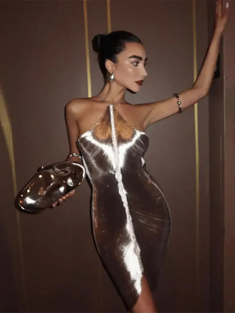 Sexy Hanging Neck Metallic Dress Woman Fashion Sparkling Off Shoulder Backless Dresses 2024 Female Elegant Evening Party Robe - Image 9