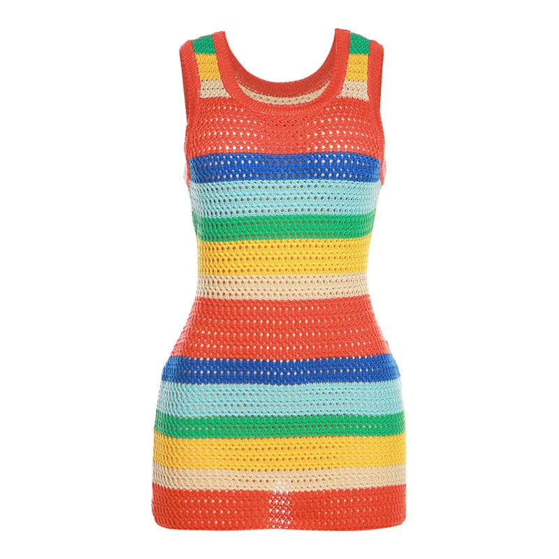 Sexy Hollow Knitted Bodycon Mini Dress for Women Summer Hollow Knit High Waisted  Halter Neck Sleeveless Beach Femme Dress 2023 - Image 2