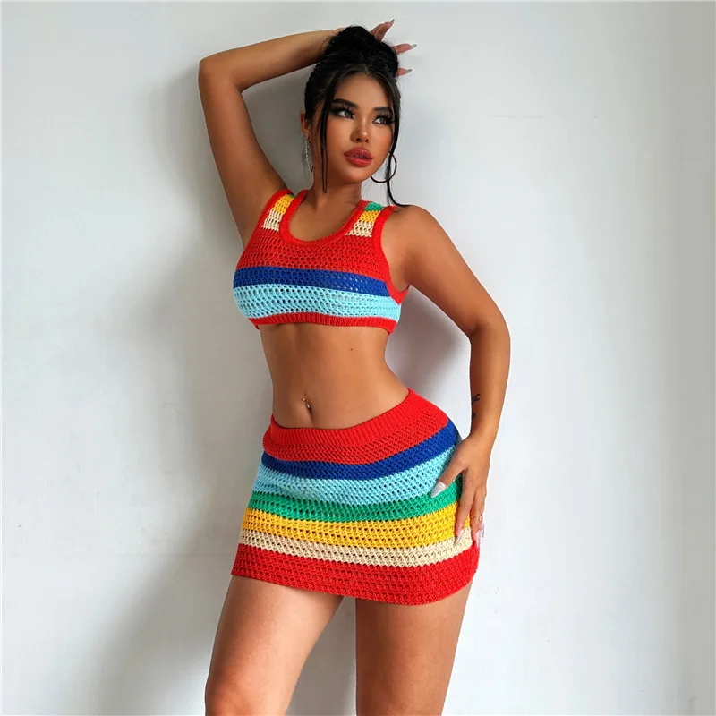 Sexy Hollow Knitted Bodycon Mini Dress for Women Summer Hollow Knit High Waisted  Halter Neck Sleeveless Beach Femme Dress 2023 - Image 7