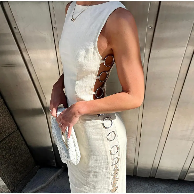 Sexy Hollow Out Iron Ring Connected Dress Women Elegant O Neck Sleeveless Maxi Dresses 2024 Spring Chic Female Party Streetwear - Image 4