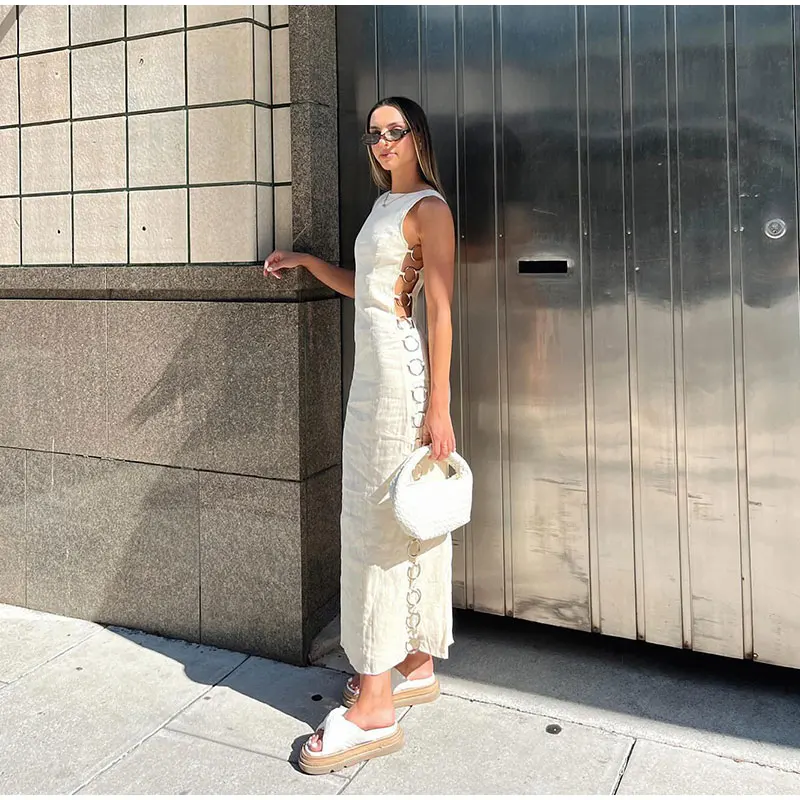 Sexy Hollow Out Iron Ring Connected Dress Women Elegant O Neck Sleeveless Maxi Dresses 2024 Spring Chic Female Party Streetwear - Image 5