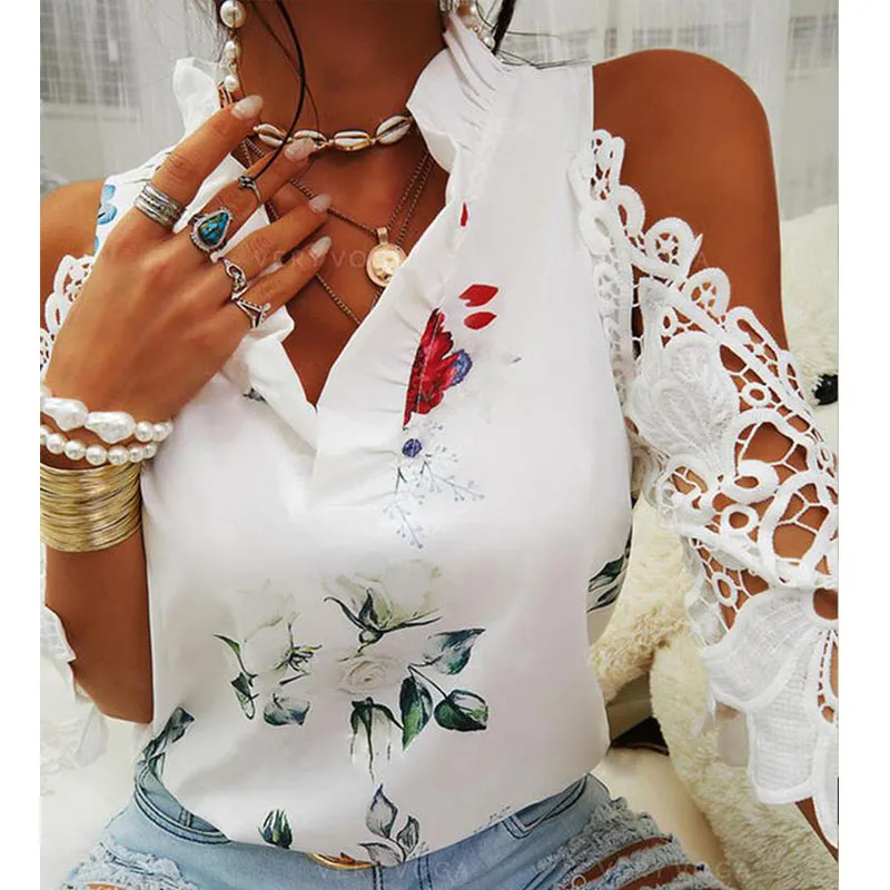 Sexy Hollow Out Printed Women Blouses V-Neck Elegant Short Sleeve Lace Shirts Summer Female Strapless Blouse Casual Tops 19361 - Image 2