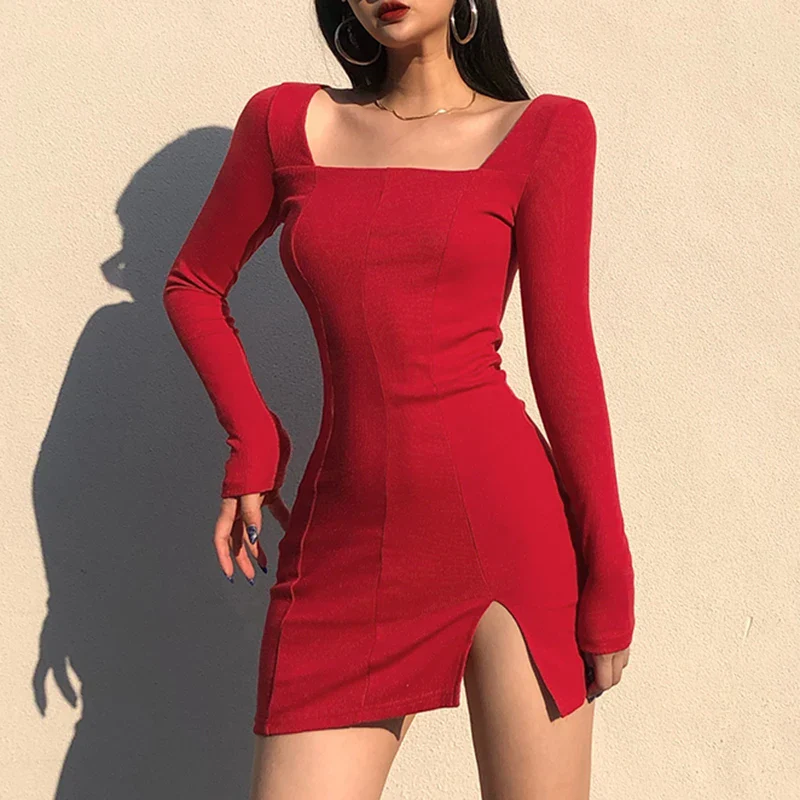 Sexy Knitted Sheath Dress Summer Women Solid Colors High Waist Pullover Style Long Sleeve 2023 Fashion Streetwear Split Dress - Image 3