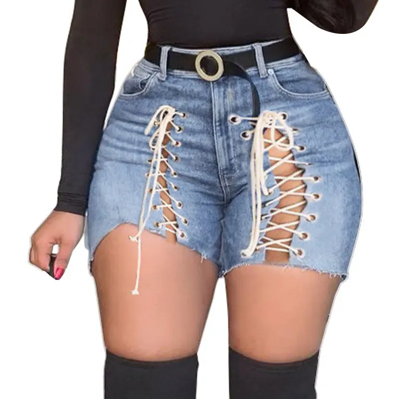 Sexy Lace-up Cutout Denim Shorts for Summer Women's High Waist Ripped Tassel Short Jeans Lace Lace Hot High Waisted Jeans Pants - Image 2