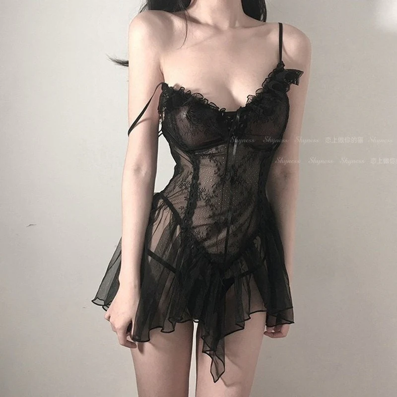 Sexy Lingerie Black Lace Short Nightdress Women Perspective Underwear Suspender Slim Dress Lolita Exotic Costume For Sex 18 Suit - Image 2